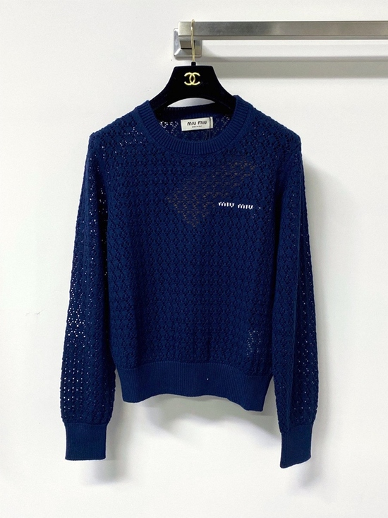 .Miu Miu® Sweaters - Miu Miu Navy Hollow Lace Knit Cropped Long Sleeve Blouse